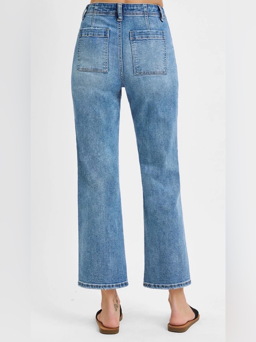 Risen High-Rise Ankle Flare Patch-Pocket Jeans — Medium Blue Sz 1/25 - Picture 4 of 9
